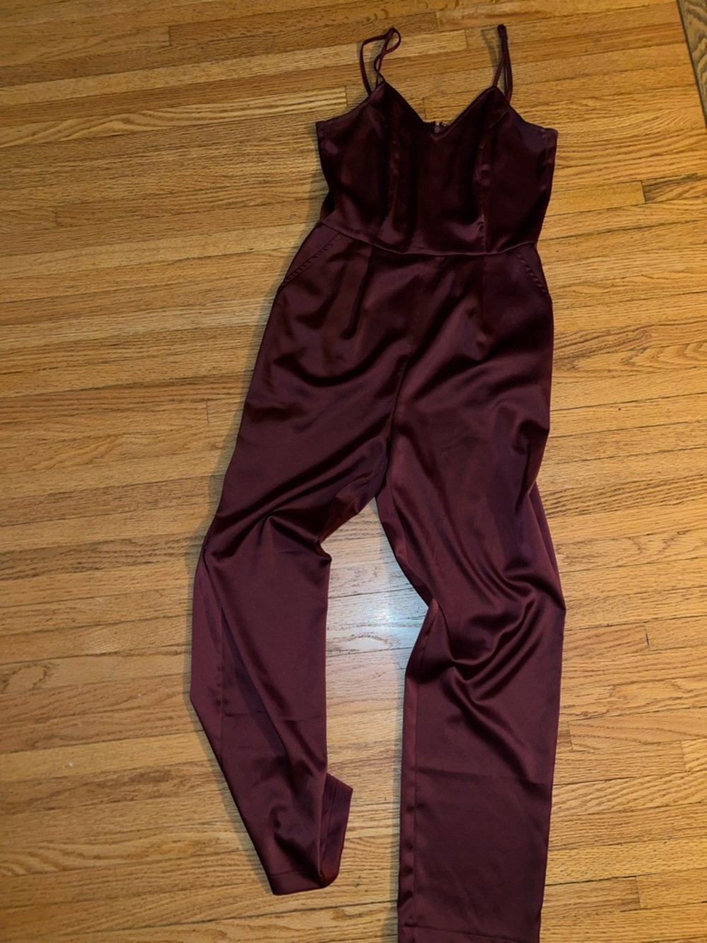 Lulu's Satin Spaghetti-Strap Jumpsuit in Burgundy